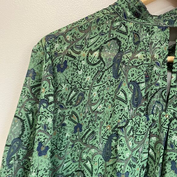 Lucky Brand Blouse 2X Green Paisley Ruffle Sleeve Boho Peasant Top Flowy - Picture 5 of 11